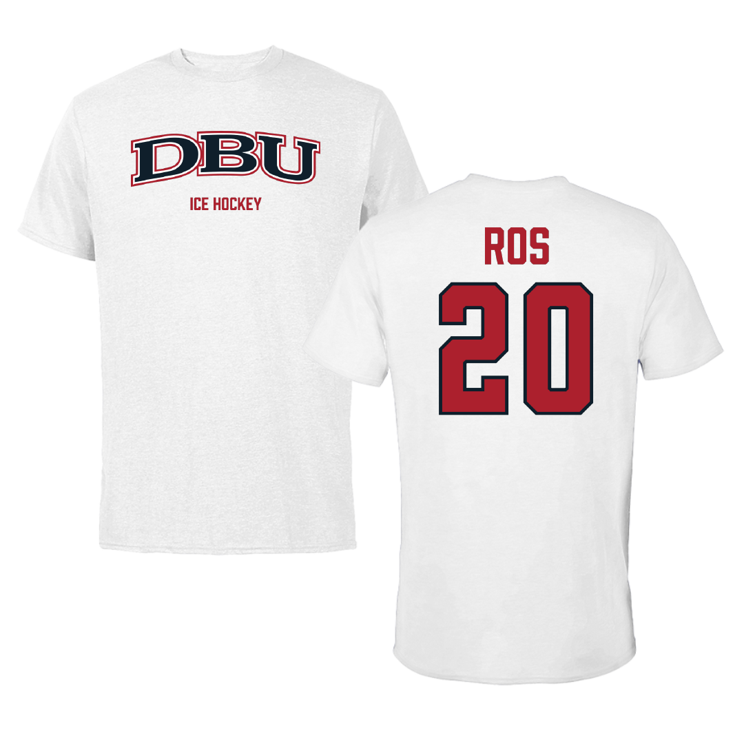 Dallas Baptist University Ice Hockey (M) White Tee - #20 Marley Ros