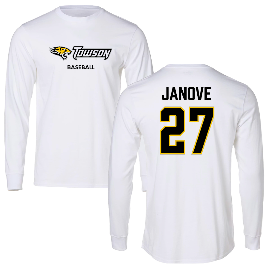 Towson University Baseball White Performance Long Sleeve - #27 Josh Janove