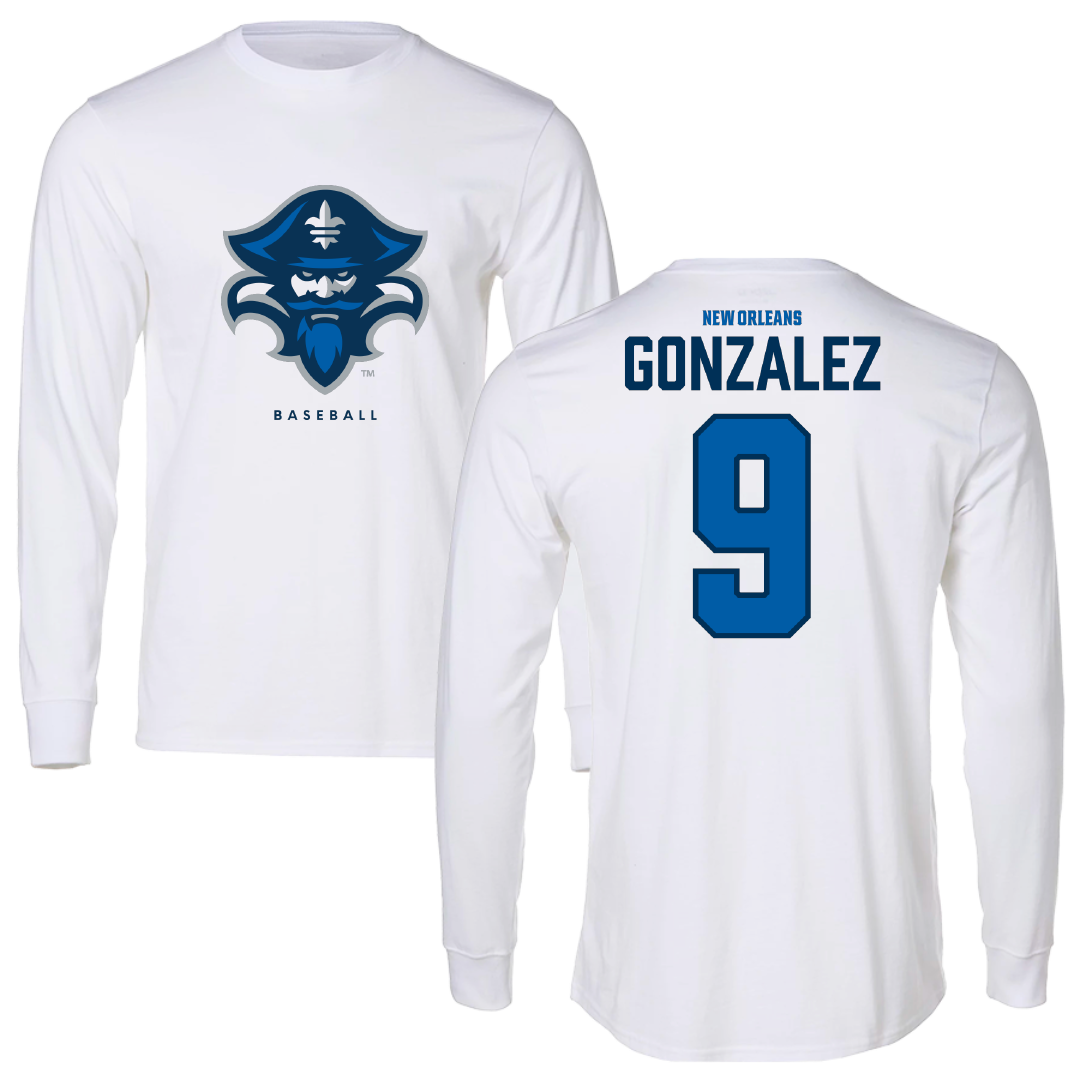 University of New Orleans Baseball White Long Sleeve - #9 Matt Gonzalez