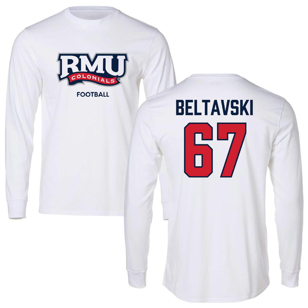 Robert Morris University Football White Performance Long Sleeve - #67 Luke Beltavski