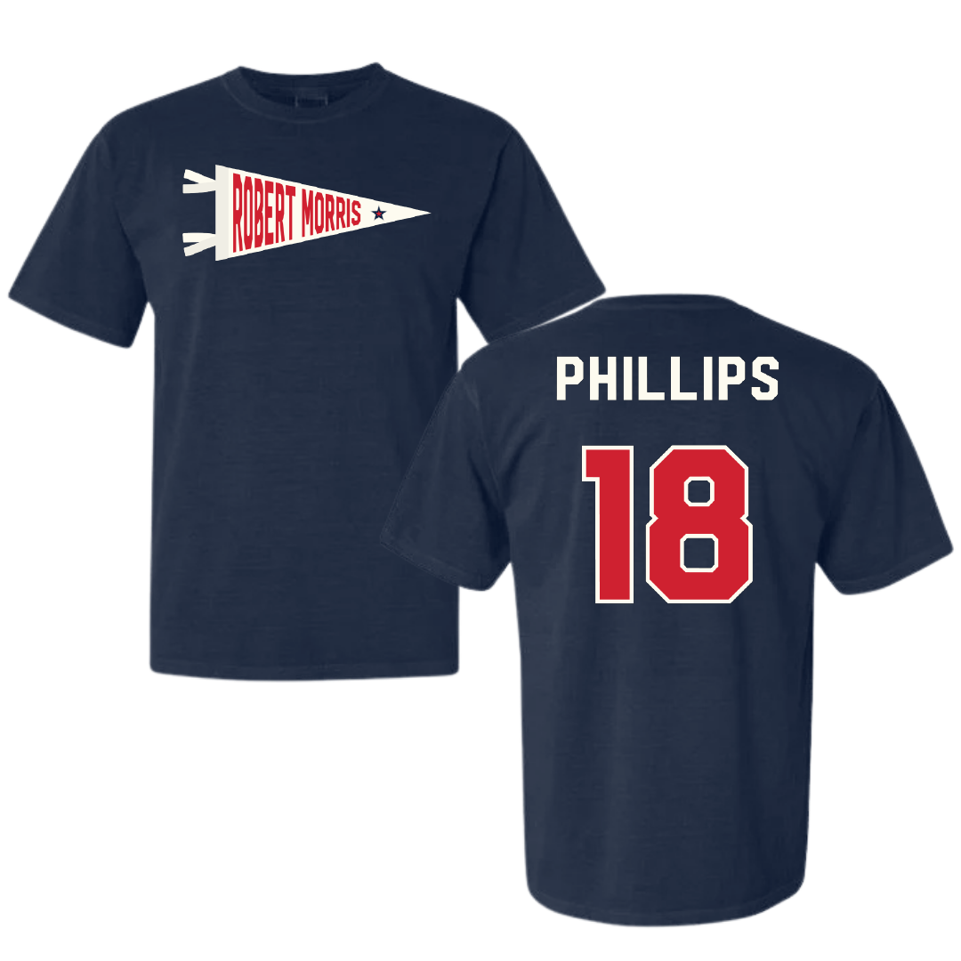 Robert Morris University Ice Hockey Navy Pennant Comfort Colors Tee - #18 Jersey Phillips