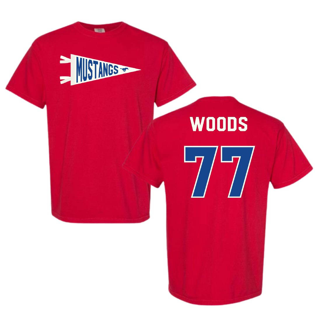 Southern Methodist University Football Red Pennant Comfort Colors Tee - #77 Alex Woods