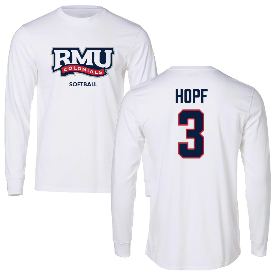 Robert Morris University Softball White Mascot Performance Long Sleeve - #3 Kaylyn Hopf