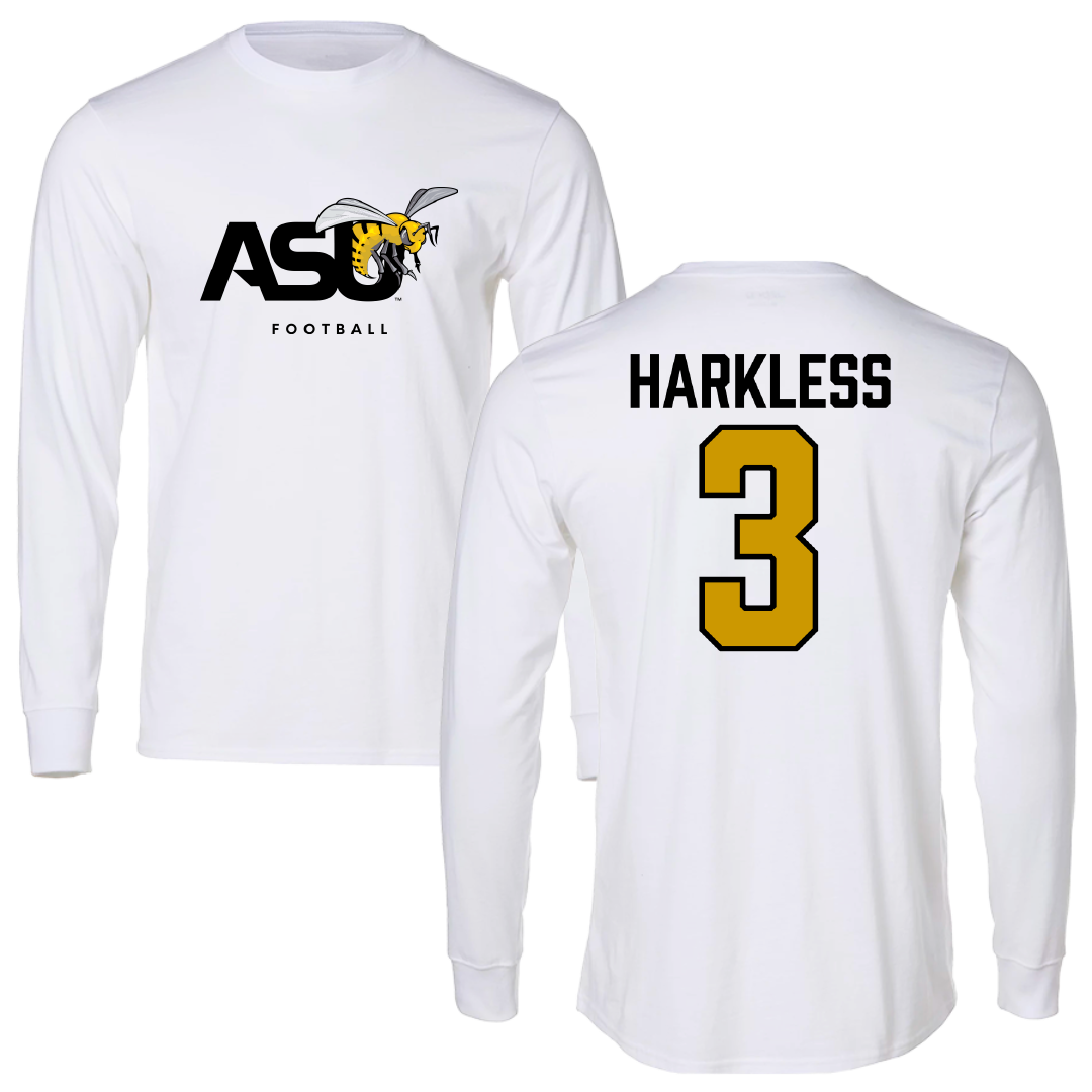 Alabama State University Football White Performance Long Sleeve - #3 Luke Harkless